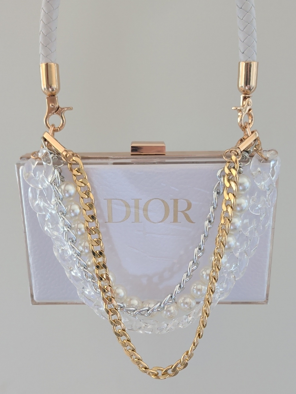 White Plexiglass Minaudière with Gold Chain Handle